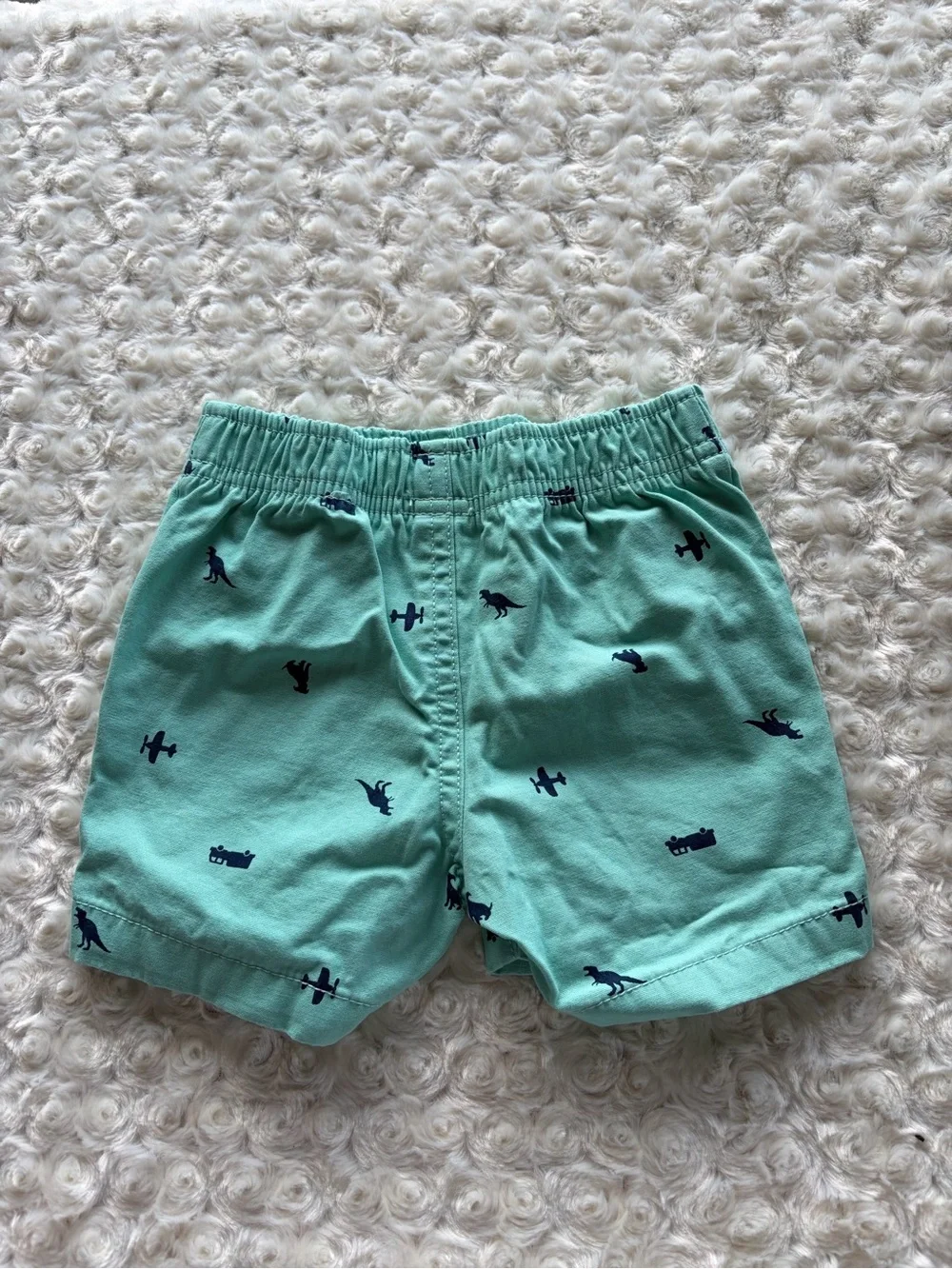Size 12 Months Carter’s Mint Green & Navy Dinosaur Airplane Truck Print Shorts